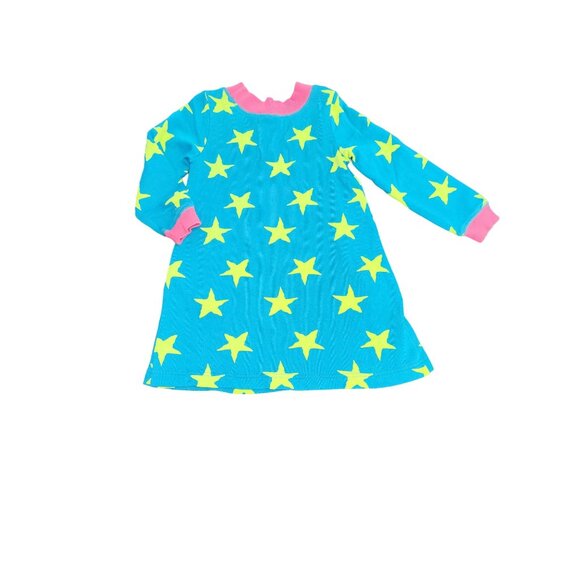 Hanna Andersson Girl 3T Teal Blue Lime Star Print Long Sleeve Pullover Dress - Picture 2 of 6